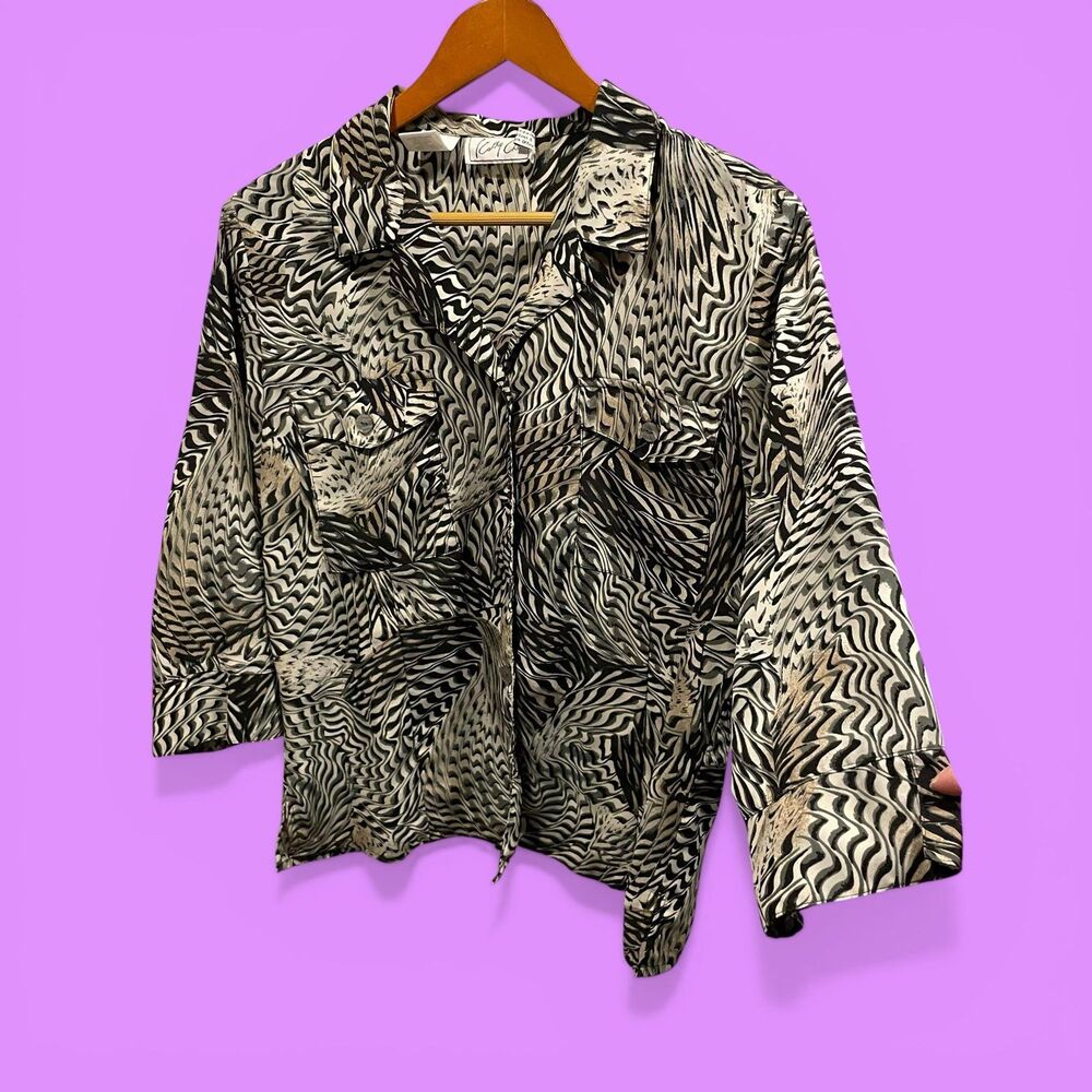 Cute 90s trippy swirl Kathy Che blouse shell buttons pockets 3/4 sleeve 14